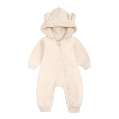 100% Cotton Bodysuit With Hooded Double Way Zipper Long Sleeves Baby Jumpsuit Plain Baby Romper