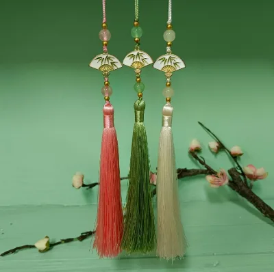 Ancient Style Bamboo Leaf Double-sided Fan Fringe Fan Pendant 12CM Tassel Hanfu Cheongsam Pressure Fly Pendant