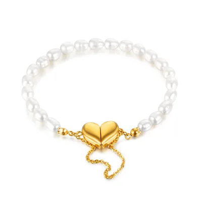 Hot Sale Magnetic Heart Pearl Gold Plated Stainless Steel Fashion Jewelry Beaded Bracelets for Women