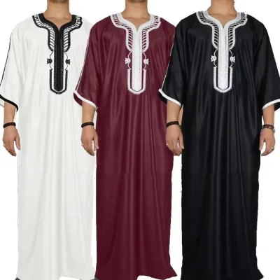 Men Satin Thobe  Embroidery Muslim Jubba Kaftan Moroccan Islamic Robe Multiple Colors
