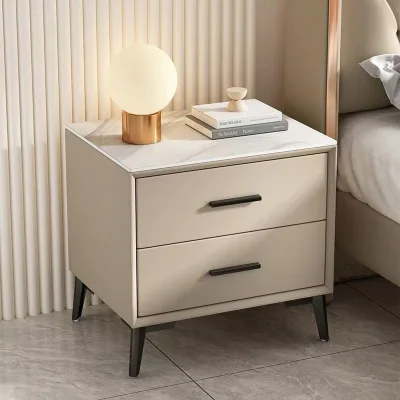 Waterproof Solid Wood 2 Drawer Night Stand with Sintered Stone Top, Side Cabinet for Bedroom Storage