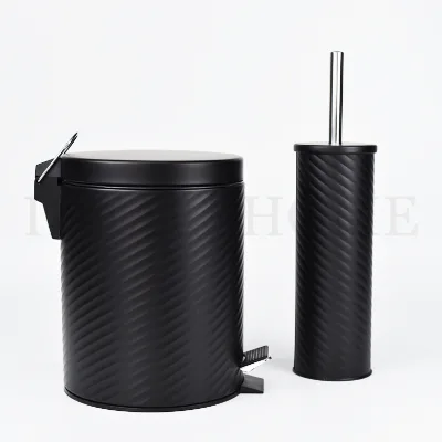 Round Black Coating Embossing Bathroom Waste Bin Pedal Bin Bathroom Toilet Brush Trash Can with Easy-Close