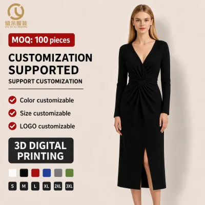 Custom Rib Knit Midi Dress Women Black V-Neck Long Sleeve Twisted Knot Waist Slit Bodycon Dress Custom Logo OEM Wholesale