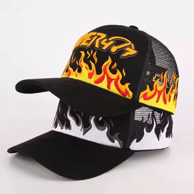High Quality Factory Custom Suede 5 Panel Trucker Hat Embroidery logo Curved Brim Fire Mesh Trucker Hats