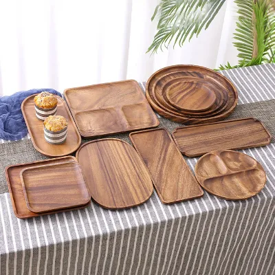 Japanese Walnut Acacia Solid Wood Tray Dish Snack Plate Rectangular Acacia Solid Wood Fruit Serving Plate Dry Brewing Stand Tea
