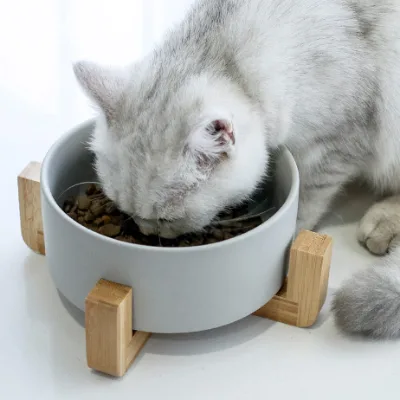 Factory Hot Selling Eco-Friendly Non-Slip Pet Food Water Feeder Set Matte Ceramic Dog Bowl with Adjustable Wood Stand