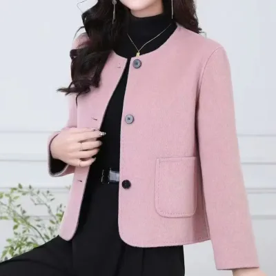 Women's Casual Coat Single Breasted Short Pink Wool Pea Coat Overcoat with Pockets