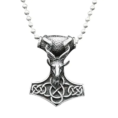 Stainless Steel Thor Hammer Mjolnir and Norse Viking Wolf Pendant for Men