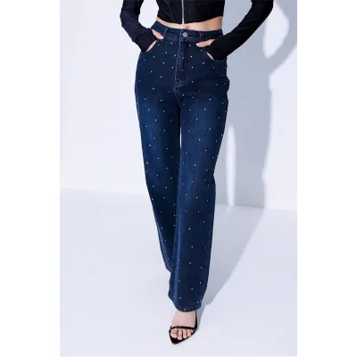 Trendy High-Waist Loose Fit Casual Pants Relaxed Fit Vintage Style Denim Full Diamond Rhinestone Straight Jeans