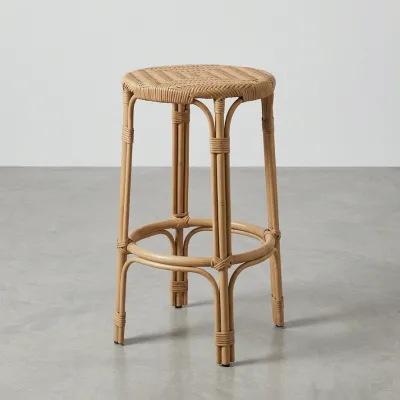 Natural Hand-Woven Rattan Backless Bar Stool with Round Braided Seat & Double Footrest Ring