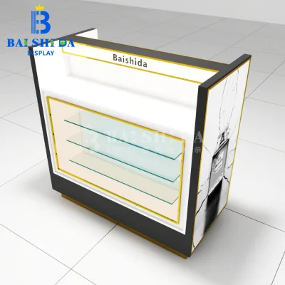 BSD Custom Marble-Print LED Lighting Tempered Glass Stainless Steel Shelves Perfume Display Cabinet with Custom Color & Logo