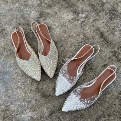 Elegant Bridal Slingback Flats, Women Pointed Toe Rhinestone Sandals, Fashion Slip On Shoes for Wedding Evening Party Daily Wear
