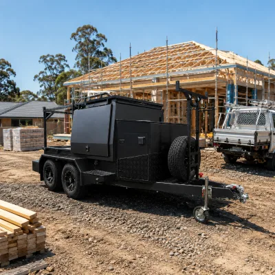 Custom Tradesman Tool Trailer Manufacturer with Open Flatbed Tray and Heavy Duty Ladder Rack