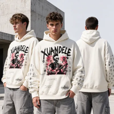 High Quality Digital Printed Pullover Hoodie Custom Acid Washed French Terry Sweatshirt Distressed Destroyed Sleeves Men Hoodie