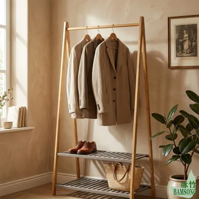 Two-Tone a Frame Bamboo Garment Rack With 2 Gray MDF Slat Shelves Bulk Wholesale Freestanding Entryway Clothes Shoe Storage Rack
