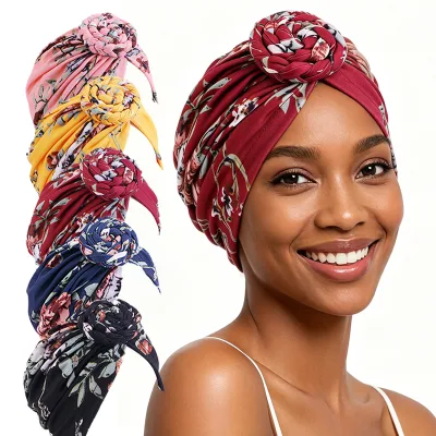 Women's National Printed Scarf Hat Polyester Flower Turban for Women Comfortable and Convenient Women's Brimless Hat