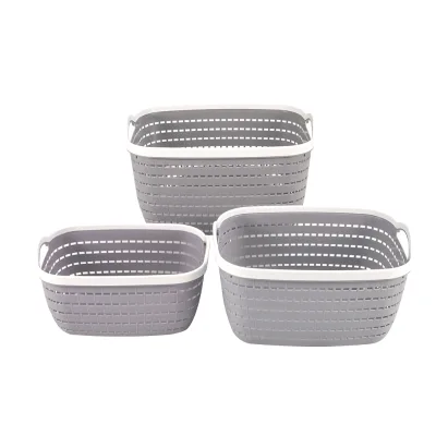 Grey Color Durable Portable Leather-like Surface Oval Plastic Storage Basket