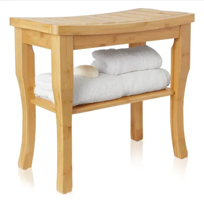Modern Bamboo Shower Bench with Storage Shelf and 2-tier Stool for Apartment & Hotel Use