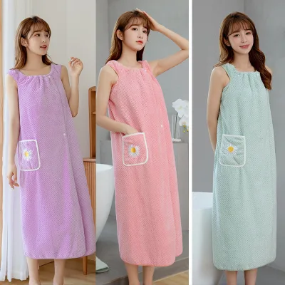 Wearable halter coral velvet bath robe for women's home pocket absorbent quick-drying bath skirt  Custom