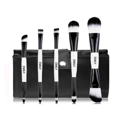 Mini Travel Portable 5pcs Dual End Eyebrow Powder Brush with Black Makeup Bag
