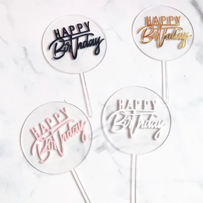Round Acrylic Cake Topper Sign with Stick Custom Happy Birthday Lettering Cake Toppers Printed Round Cupcake Topper