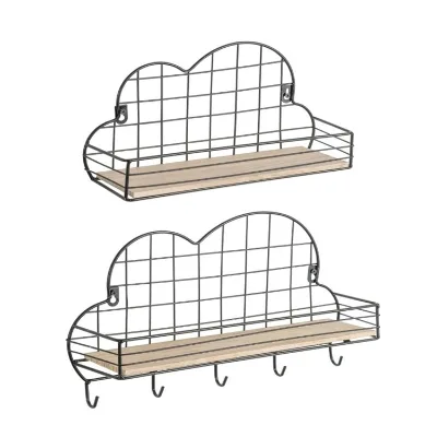Set of 2 Rustic Wood Storage Shelves with Cloud Shape Metal Wire Wood Wall Shelf