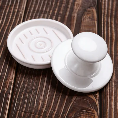 White Ceramic Manual Meat Press Set with Base Handmade Kitchen Meat Smasher & Tenderizer Tool for Burgers, Steaks & Poultry