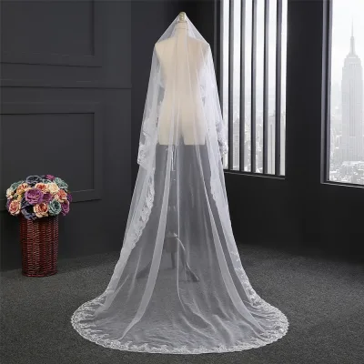 WAN155 Long Cathdrdal Wedding Veils 2 Layer Lace Bridal Veil 300cm Long Without Comb