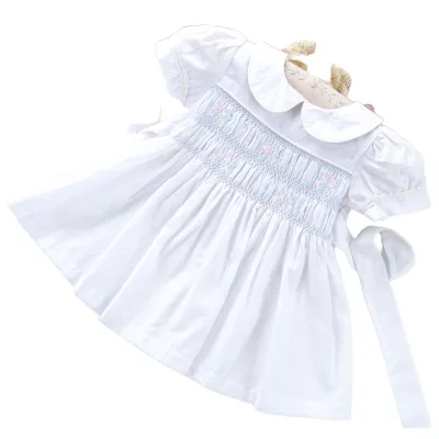 Wholesale Handmade Embroidery Girls Dresses Kids Smocked Casual Cotton Summer Formal with Cartoon Pattern