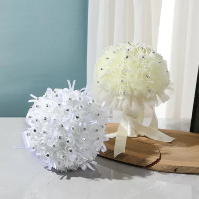 Hot Sale Ivory Ribbon Wrapped Beaded Wedding Bouquet Pearl Flower Bridal Bouquet for Bride, Bridesmaid Party Favors