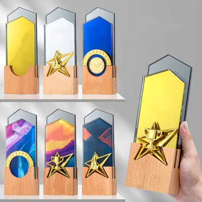 Hot-selling High Quality Wooden Crystal Medal Trophy Corporate Monthly Outstanding Staff Small Sports Event Championship Reward