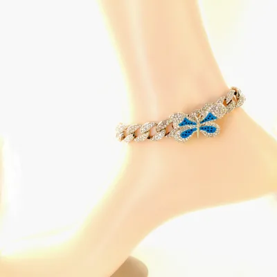 New Arrival Light Luxury Fashion Rhinestone Butterfly Anklet Hiphop Gold Silver Plated Cuban Link Anklet for Women