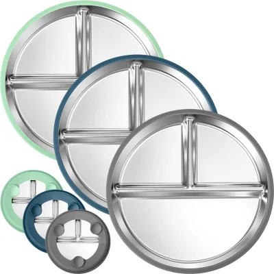 9inch Divided Toddler Plate with Anti-Slip Silicone Sleeve Stainless Steel Children Suction Plate Divided Kids Suction Plate