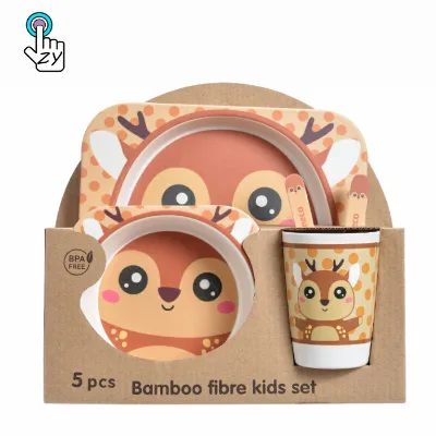 Bamboo Fiber Kids Dinnerware Set,Cartoon Tableware Dinner Plates Set With Cup Fork Spoon Unbreakable Dinnerware