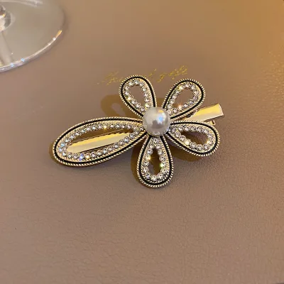 Hot Selling Korean Fashion Rhinestone Hair Accessories Girls Pearl Bow Side Clip Hairpin