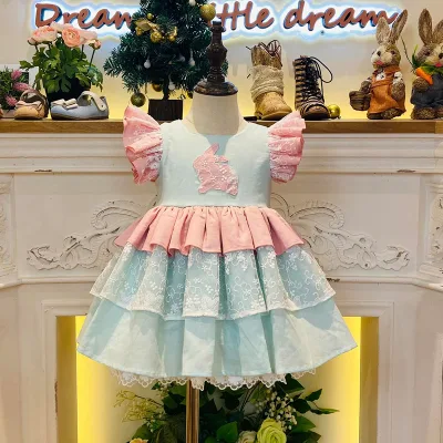 Sweet Kids Girl Mint Green Rabbit Applique Dress Square Neck Bubble Sleeve Cotton Ruffle Hem Kindergarten Frock