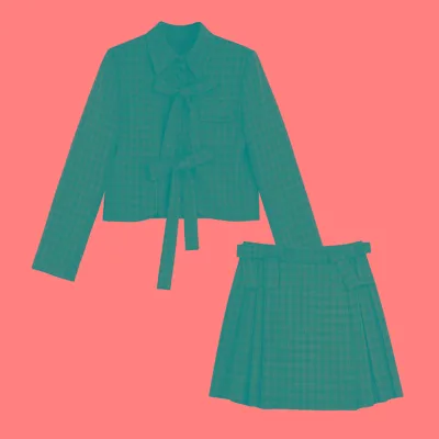 European Spring New Short Long-sleeved Suit + High-waist Breasted Belt Skirt Striped Two-piece Suits