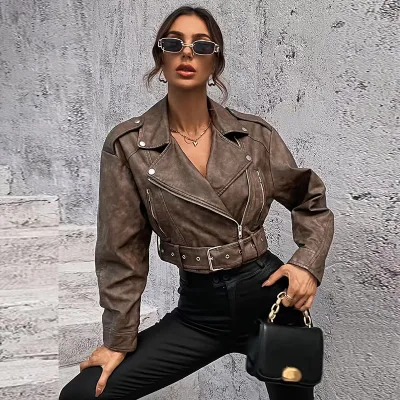 JANVENY 2025 Hottest Washed Gradient Leather Coat Women Vintage Turn Down Collar Solid Patchwork Pu Cropped Locomotive Jacket