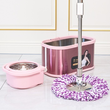 360 Spin Bucket Set Stainless Steel Self-Separating Dirty Water System Eco-Friendly Four-Side Wringing 2 Replacement Mop Heads