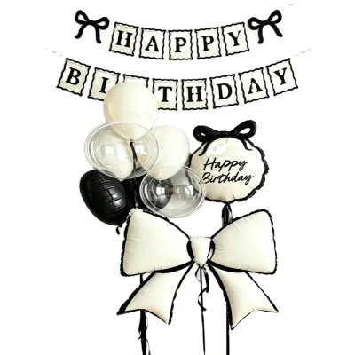 Wholesale Elegant Black Cream Bow PVC Balloon Round Banner Decoration Set for Birthday Party