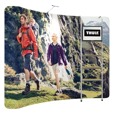 2020 New Design Modern Removable Portable Curved Backdrop Display with Dye-Sublimation Printing and Freestanding Rack