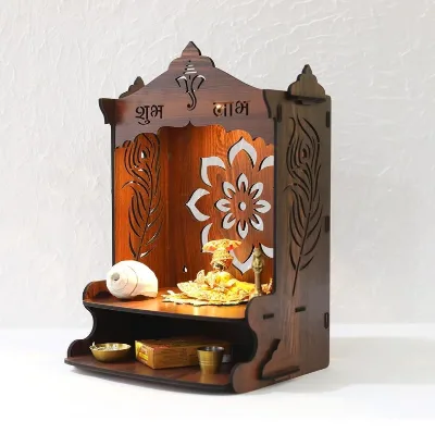 Antique Flower Design Brown Wood Home Temple 2 Tier Puja Mandir for Home