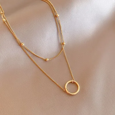 14K Gold Filled Double Layer Ball Chain Circle Round Pendant New Stainless Steel Necklace