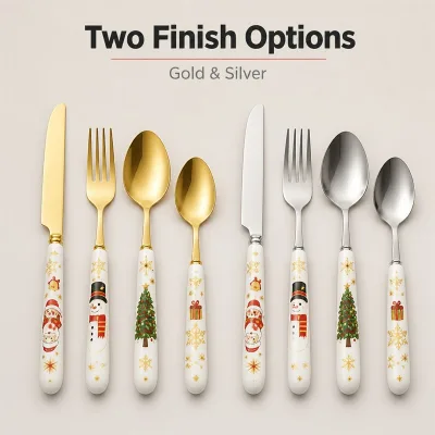 Gold Silver Modern Customizable Christmas Dinner Set 4 Piece Fork Knife Soup Spoon Dessert Spoon White Ceramic Handle Tree Set
