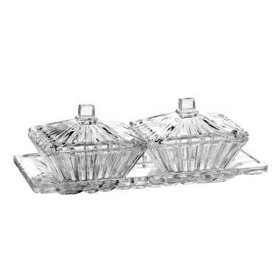 Wholesale Glass Candy Jar Set New Design Clear Crystal Square Shape Glass Sugar Pot Set Bowl Lid With Jar