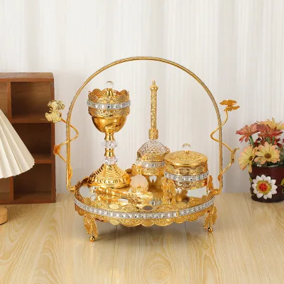 Cross-border Bestseller Golden Vintage Iron Incense burner Set 3 (Zhejiang Origin) Light-luxury Hollow-carved Decoration for