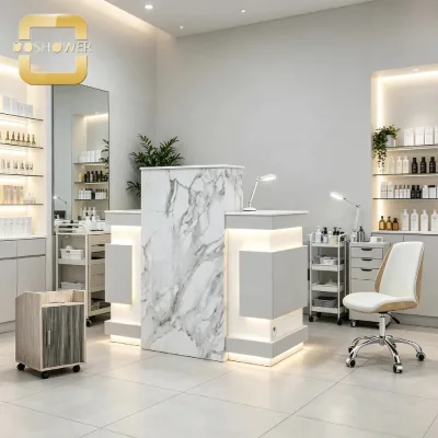 Marble Pattern Salon Reception Desk with LED Light Strips and Partition Storage Compartments for Beauty Salons