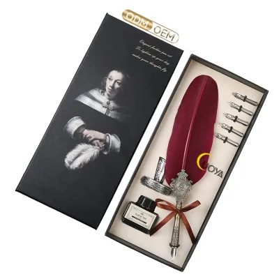 European Style Feather Pen Set Writing Smooth Wear Resistant Dip Pen Metal Design Feather Pen Set With Nylon Hair