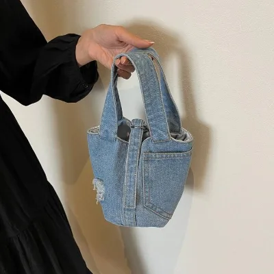 Customized Women's New Denim Bucket Handbag Coin Purse and Mobile Phone Bag Clothing Bags Custom logo