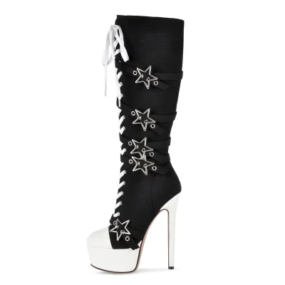 Black White Platform Knee High Boots Metal Star Buckle Straps Front Lace up Side Zipper Super Thin Stiletto Gothic Women Boots